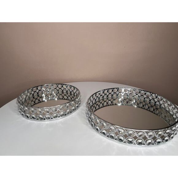 8" & 10" Crystal Round Mirror Candle Plate Perfume Jewelry Makeup Serving Tray - Picture 2 of 11